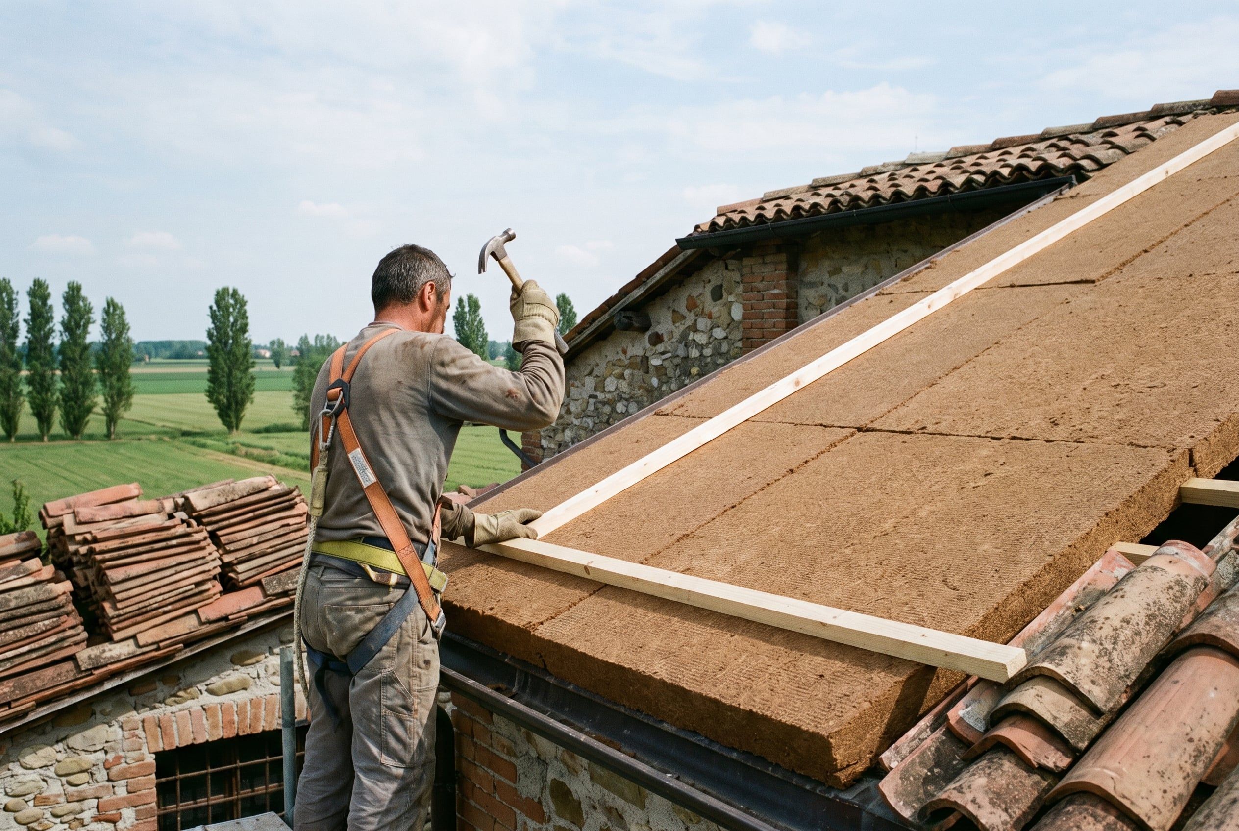 Carpentiere con imbracatura che fissa i listelli in legno sopra i pannelli isolanti di un tetto, con i coppi accatastati accanto (immagine generata con intelligenza artificiale)