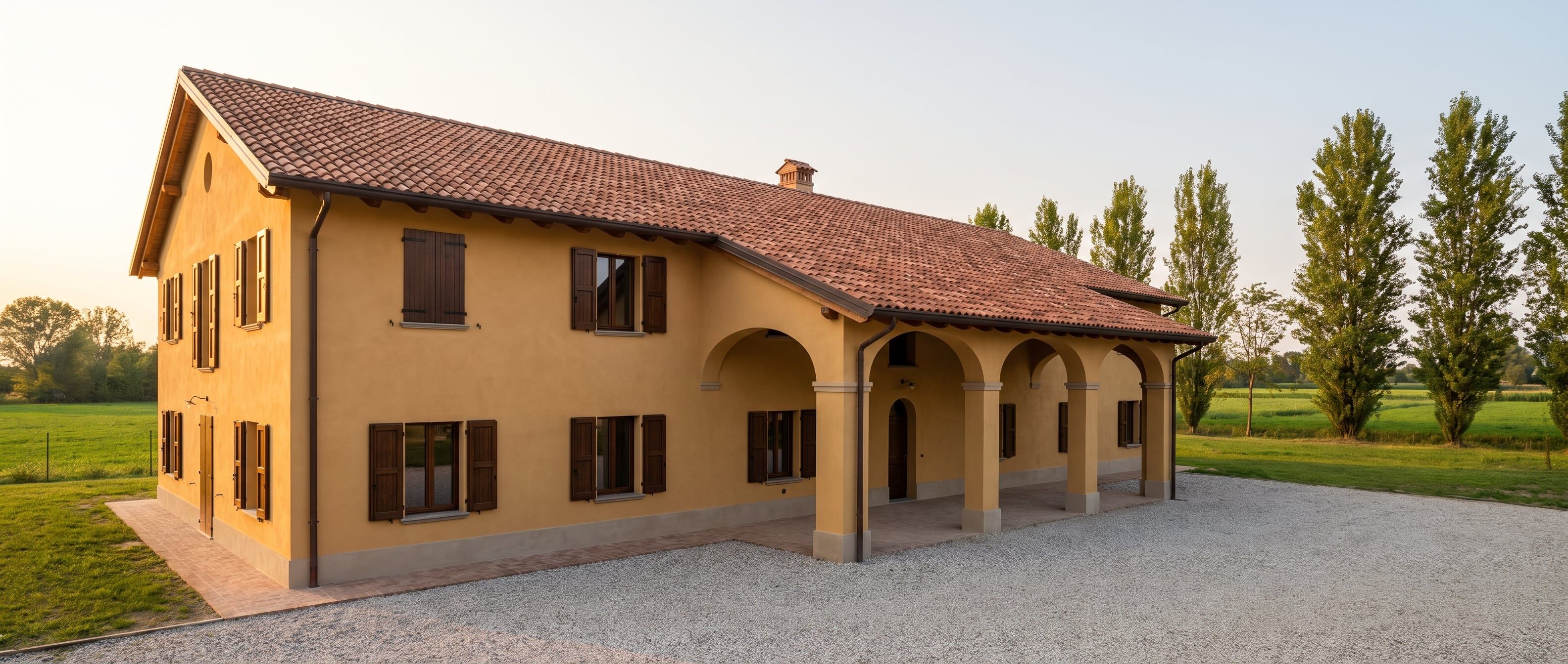 Cascina lombarda ristrutturata con tetto in coppi, facciata color ocra e portico ad archi, tra prati e pioppi