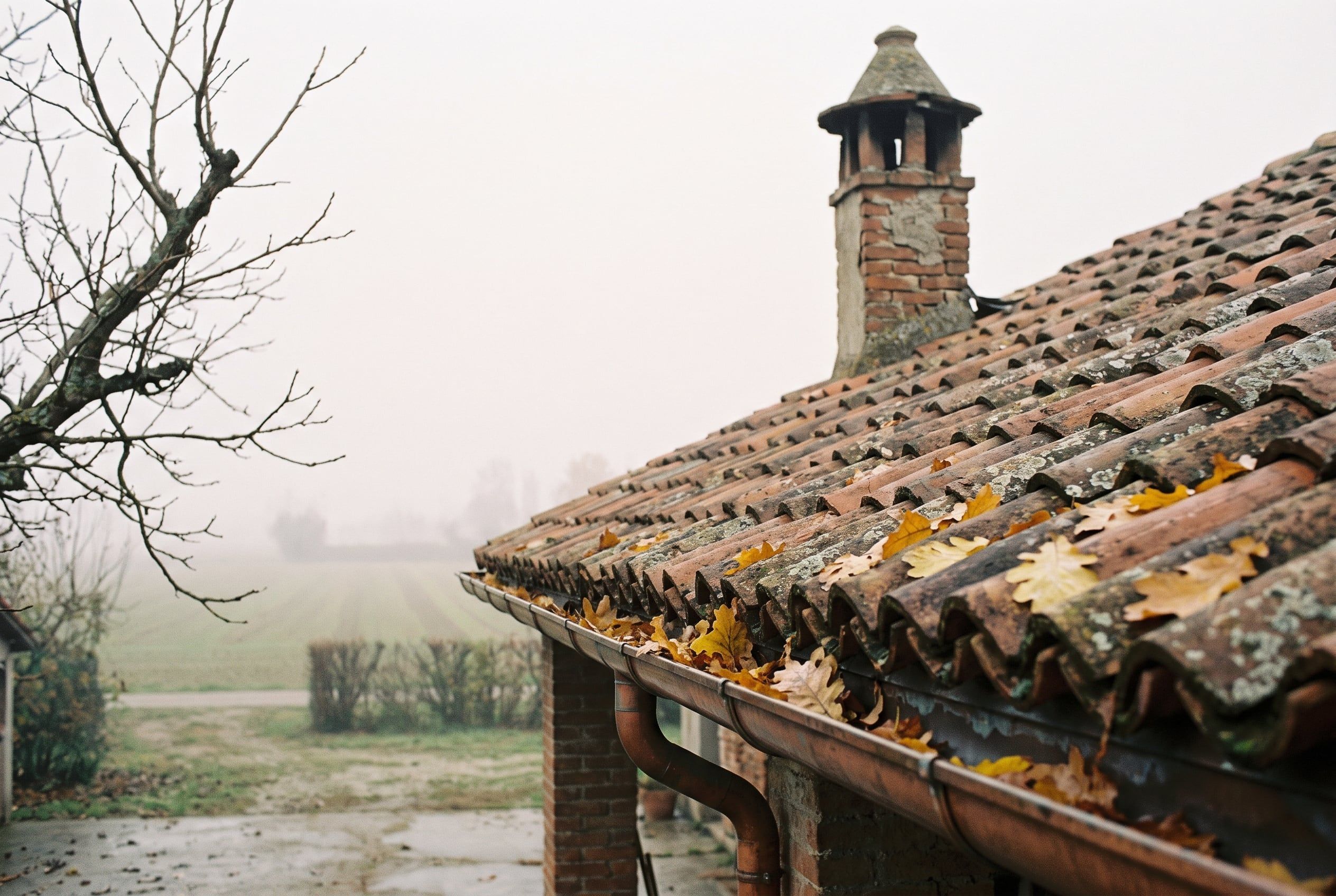 Gronda di un vecchio tetto in coppi con foglie secche, in una mattina di nebbia autunnale