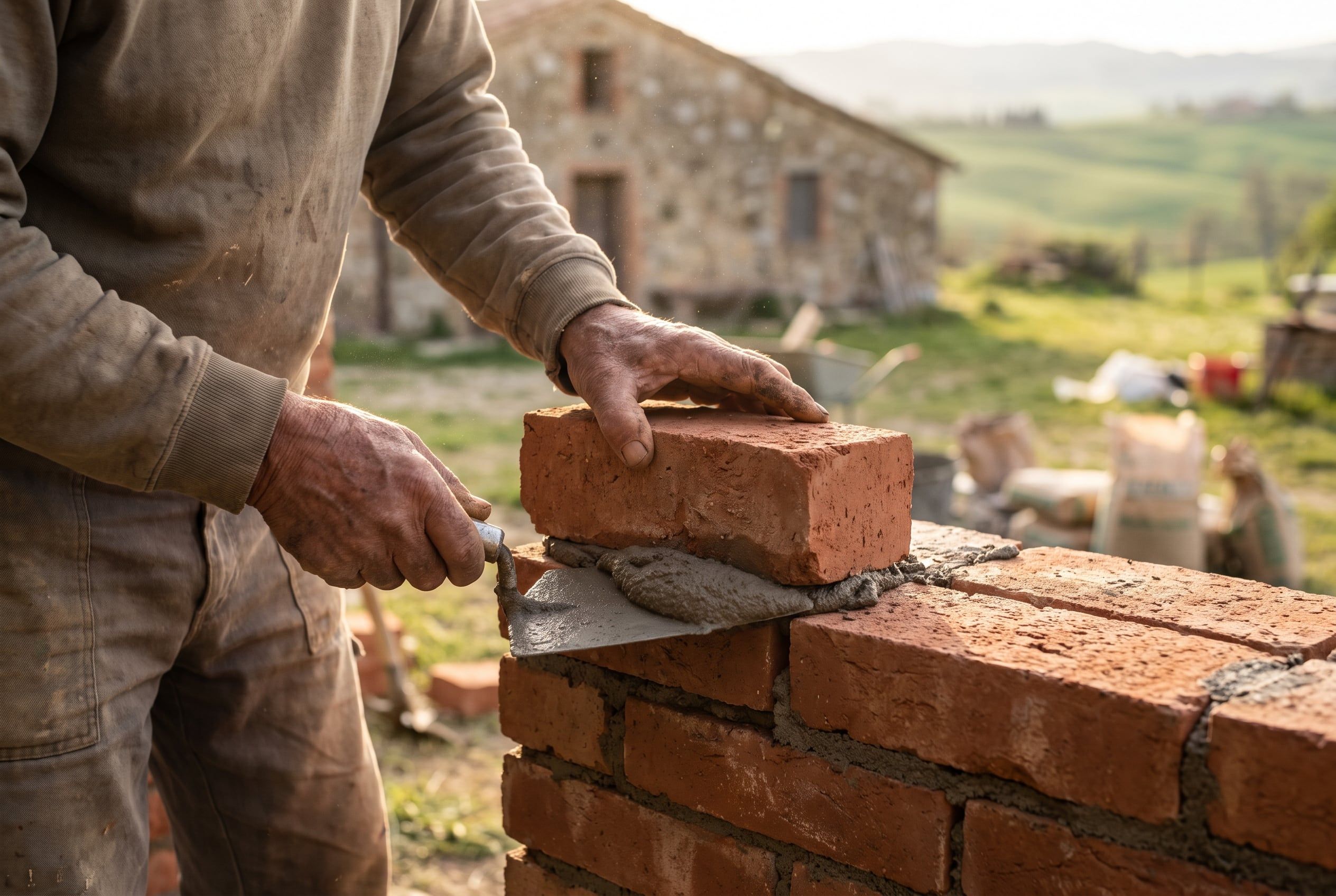 Mani di un muratore che posano un mattone pieno sulla malta con la cazzuola (immagine generata con intelligenza artificiale)
